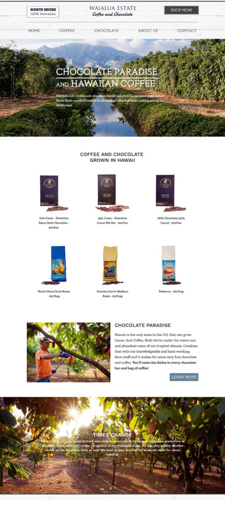 Screengrab of Waialua Estate website with coffee and chocolate product shopping page